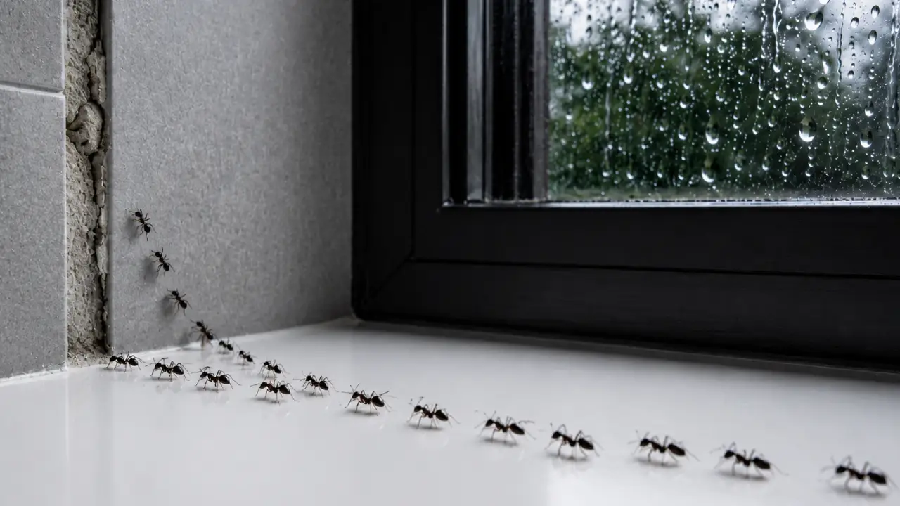 A macro photograph of a line of ants entering a house kitchen through a wall crack, explaining how to get rid of ants after rain in Houston.