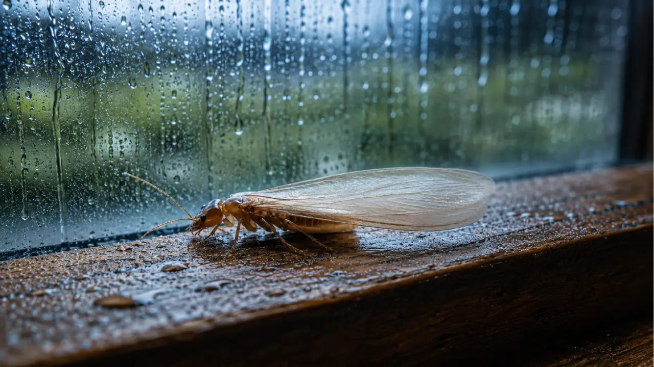 A professional exterminator checking a home garage wall with a flashlight during a storm, demonstrating that can a termite inspection be done in the rain.