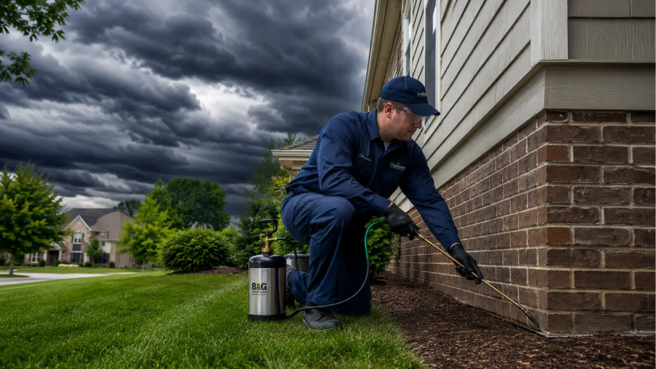 A professional exterminator confidently applying a perimeter treatment to a brick house as dark storm clouds gather, answering the question: can you spray pesticides before rain.