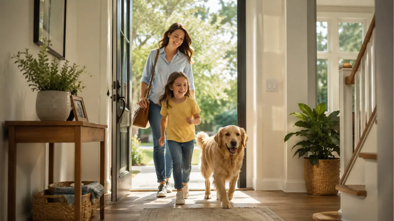 A mother, child, and their dog safely walking back inside their bright home, illustrating the safety guidelines for how long after pest control can I go inside.